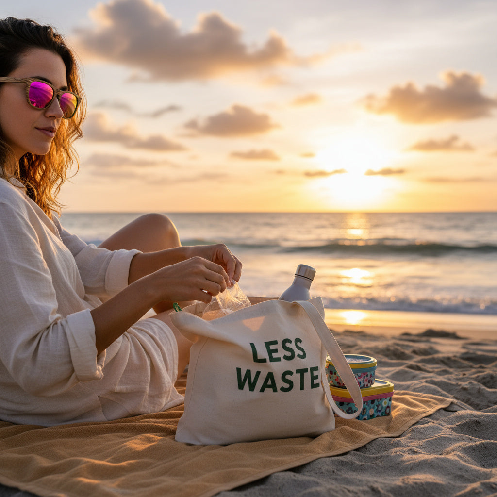 Woman wearing MoovWave BlooWave Blush floatable polarized wooden sunglasses with pink lenses while sitting on the beach at sunset