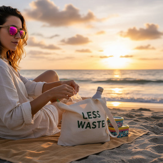 Woman wearing MoovWave BlooWave Blush floatable polarized wooden sunglasses with pink lenses while sitting on the beach at sunset
