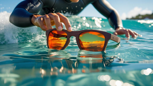 MoovWave BlooWave Ember floatable, Asian Fit, sustainable wooden sunglasses with orange mirrored lenses floating on ocean water as a surfer reaches for them.