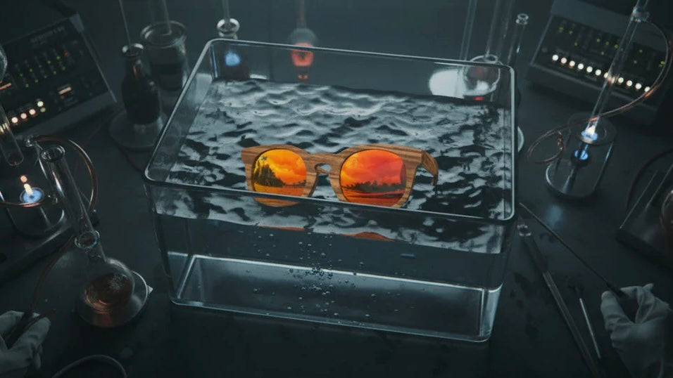MoovWave BlooWave Ember floatable, Asian Fit, sustainable wooden sunglasses with bright orange polarized lenses in a lab testing tank demonstrating buoyancy and durability