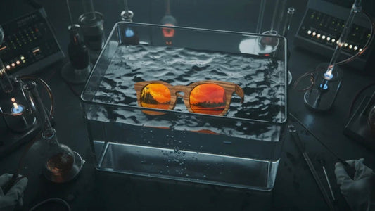 MoovWave BlooWave Ember floatable, Asian Fit, sustainable wooden sunglasses with bright orange polarized lenses in a lab testing tank demonstrating buoyancy and durability